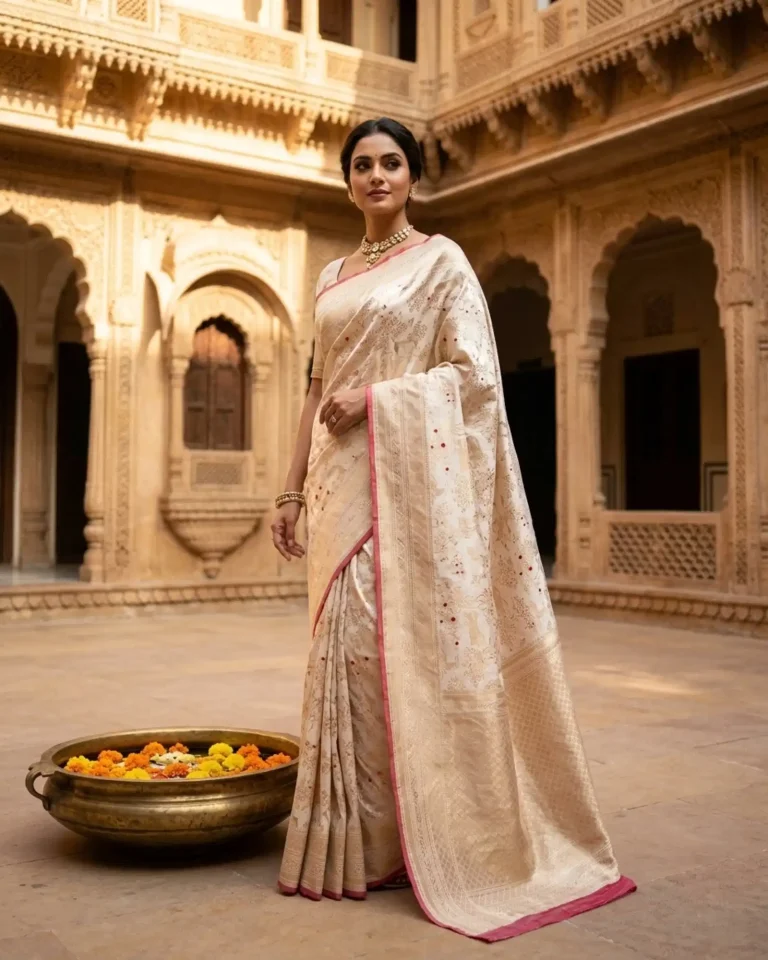 Creamy Ivory Katan Silk Kadwa Meenakari Shikargah Banarasi Saree front standing view