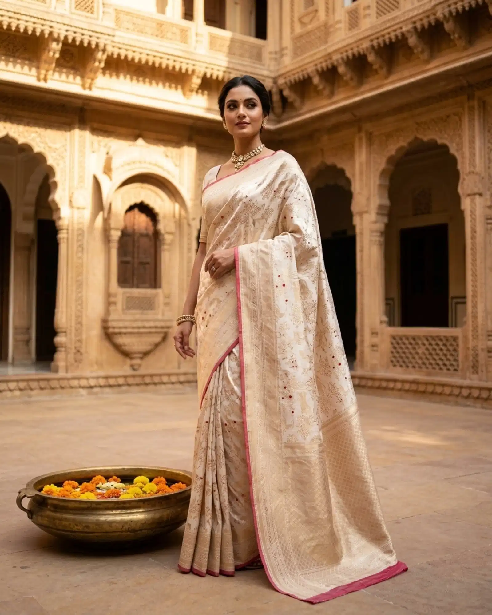 Creamy Ivory Katan Silk Kadwa Meenakari Shikargah Banarasi Saree front standing view