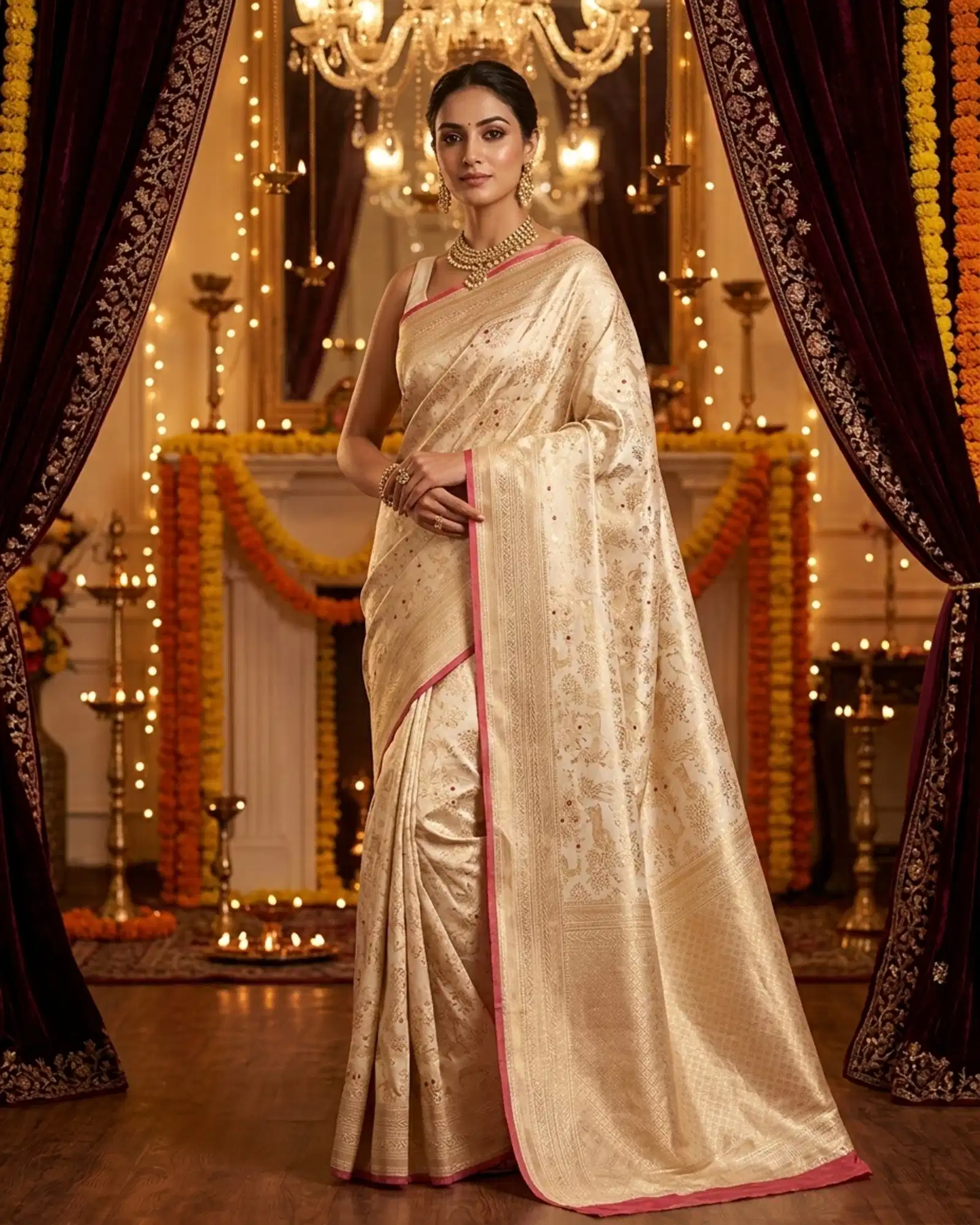 Creamy Ivory Katan Silk Kadwa Meenakari Shikargah Banarasi Saree festive Deepawali view