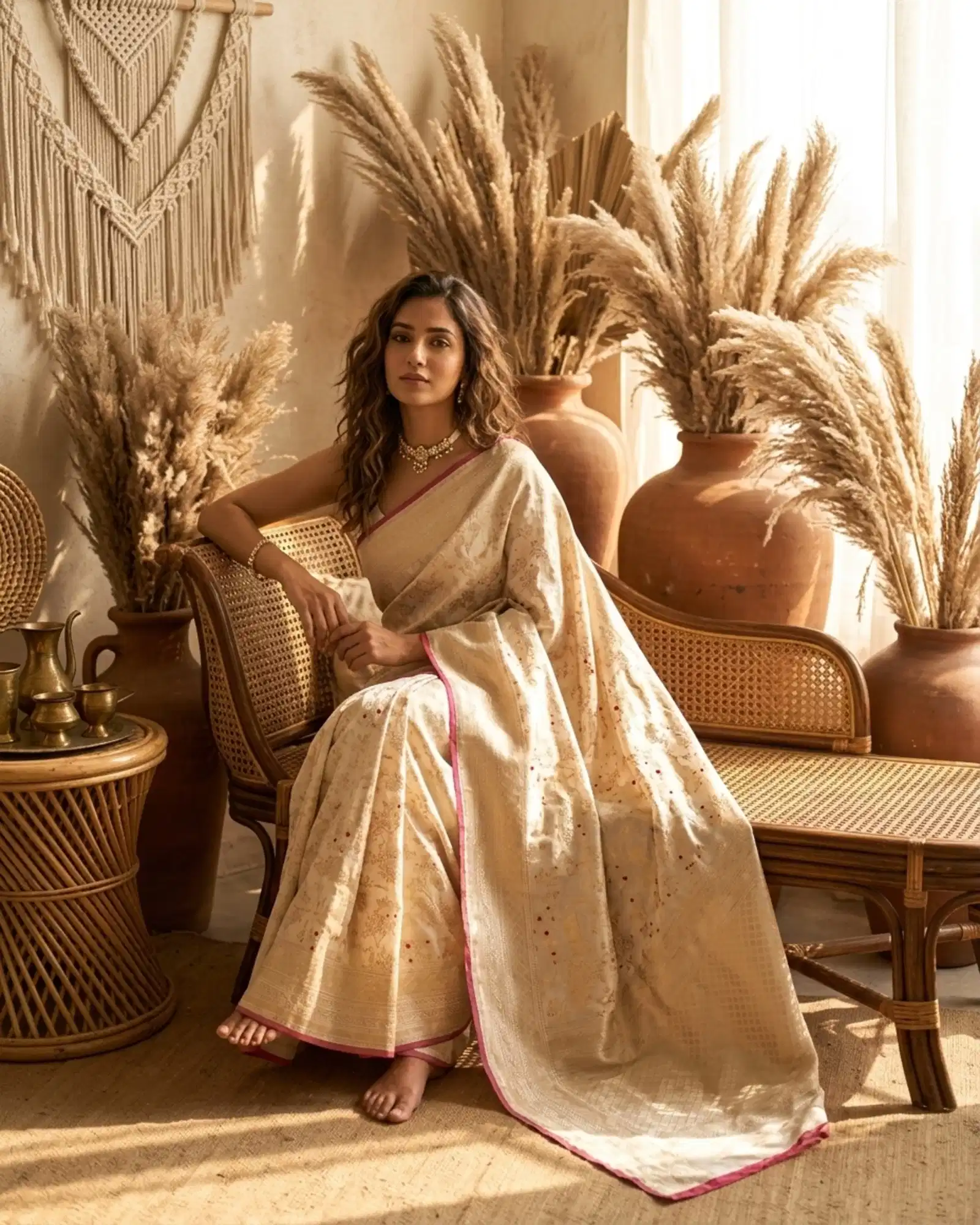 Creamy Ivory Katan Silk Kadwa Meenakari Shikargah Banarasi Saree styled in a bohemian lounge