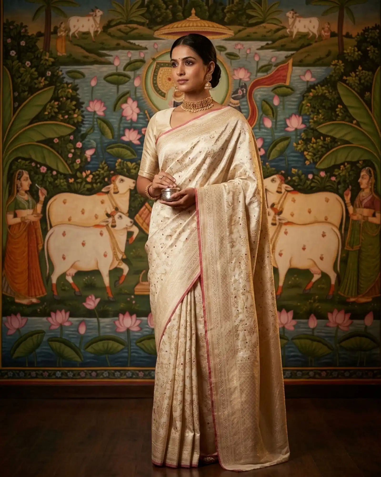 Creamy Ivory Katan Silk Kadwa Meenakari Shikargah Banarasi Saree Pichwai heritage portrait