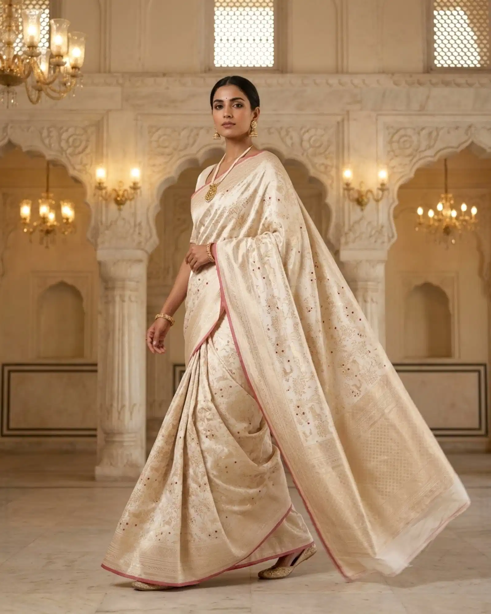 Creamy Ivory Katan Silk Kadwa Meenakari Shikargah Banarasi Saree graceful walking drape