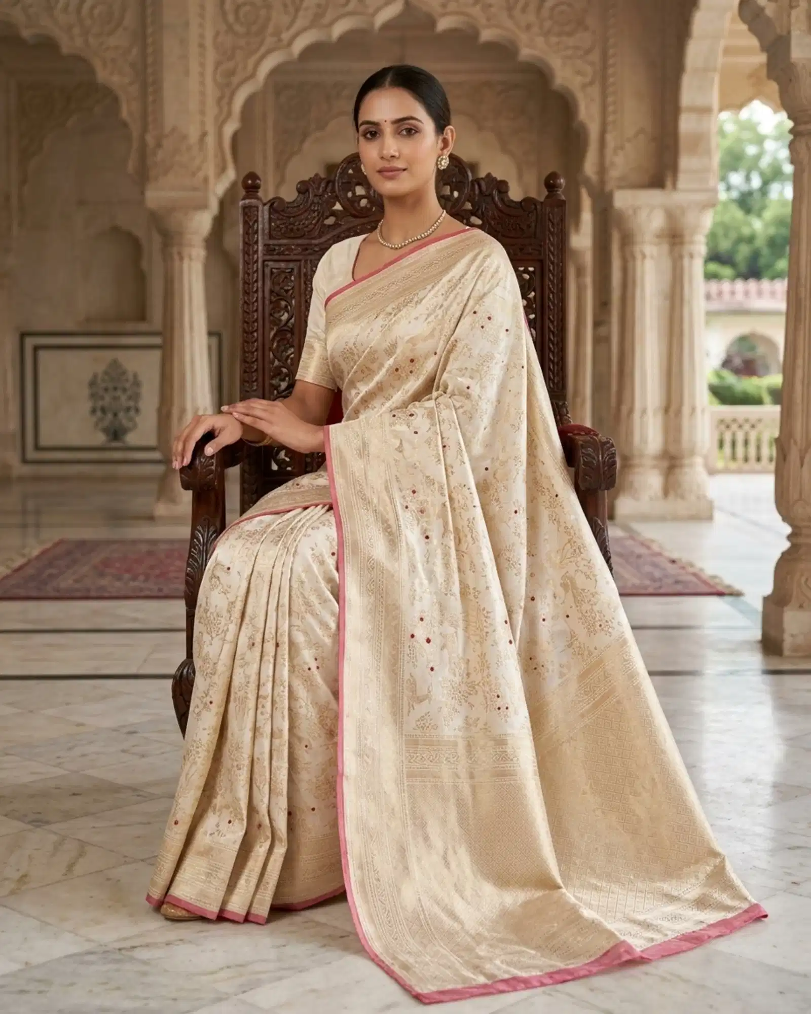 Creamy Ivory Katan Silk Kadwa Meenakari Shikargah Banarasi Saree regal seated view