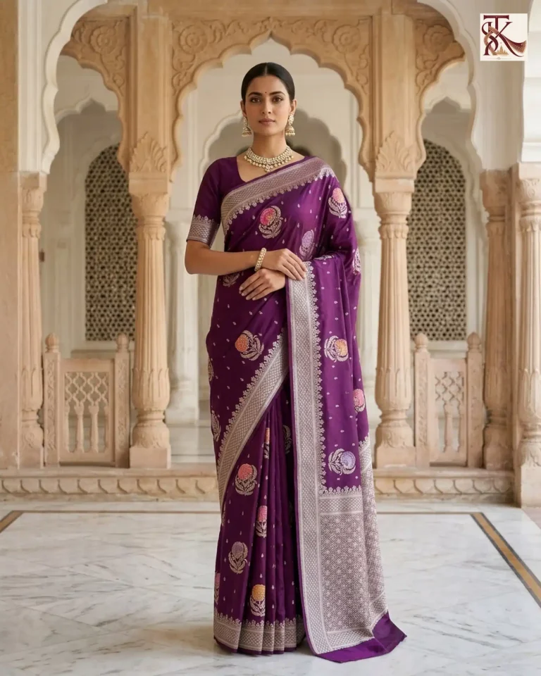 Deep Jamuni Katan Silk Kadwa Meenakari Banarasi Saree front standing view