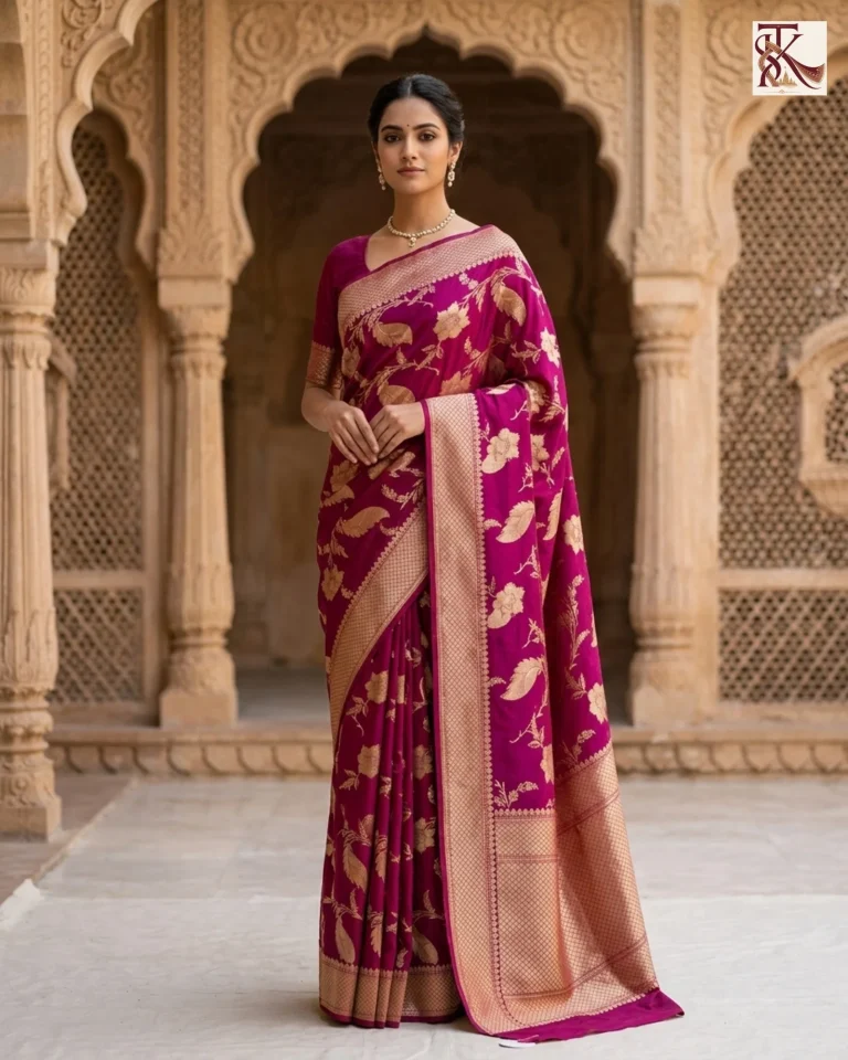 Deep Magenta Katan Silk Kadwa Jangla Jaal Banarasi Saree with Antique Gold Zari