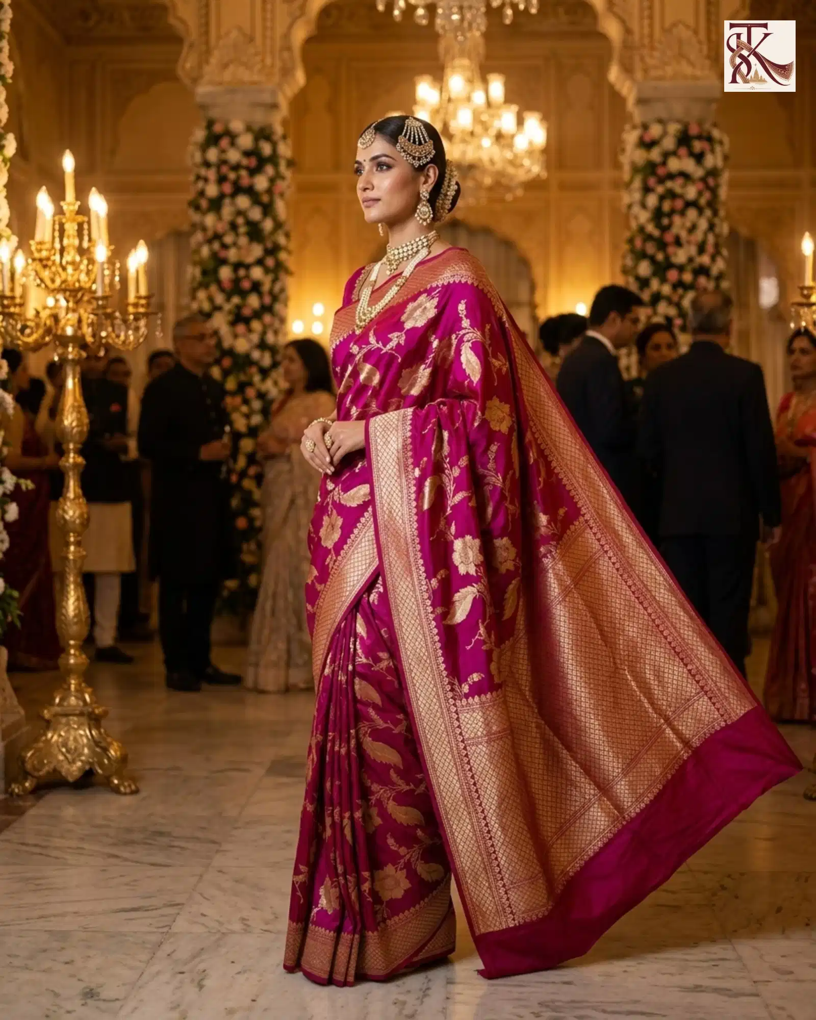 Deep Magenta Katan Silk Kadwa Jangla Jaal Banarasi Saree wedding hall portrait