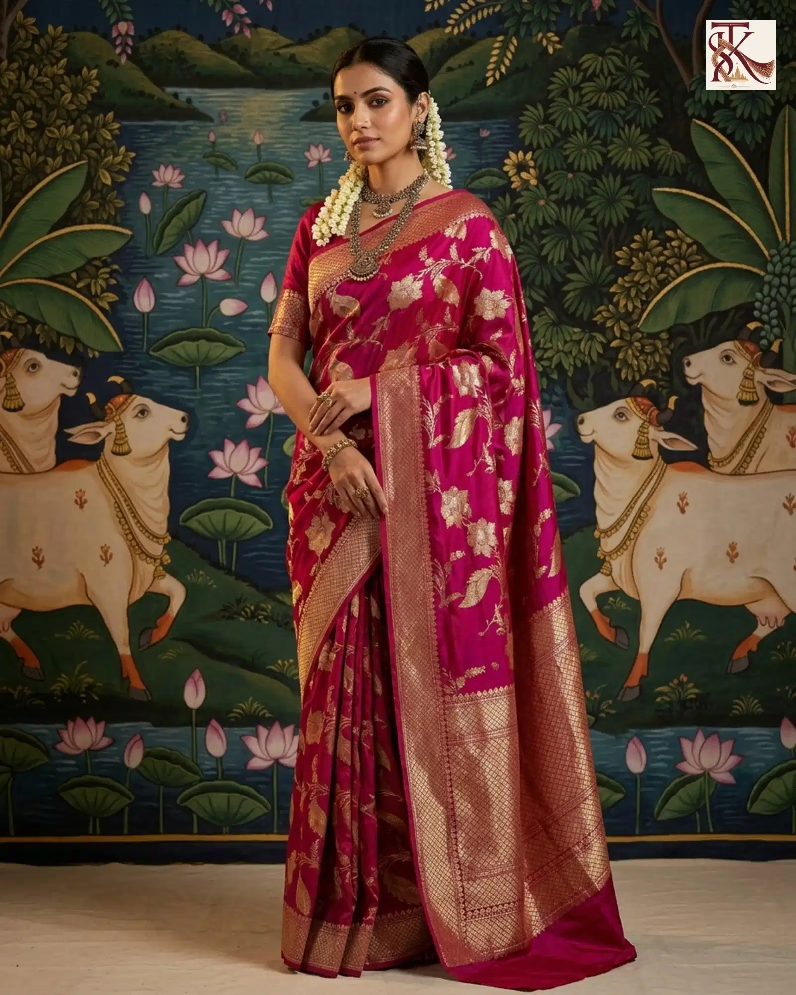 Deep Magenta Katan Silk Kadwa Jangla Jaal Banarasi Saree Pichwai heritage portrait