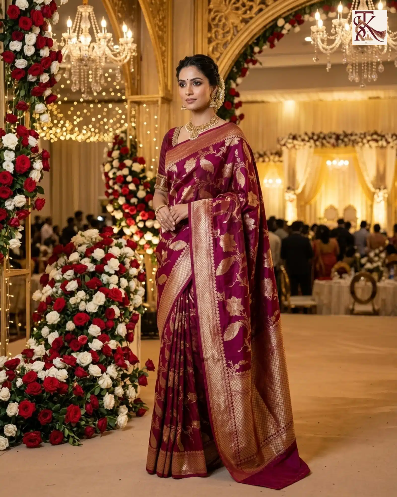 Deep Magenta Katan Silk Kadwa Jangla Jaal Banarasi Saree palace front standing view