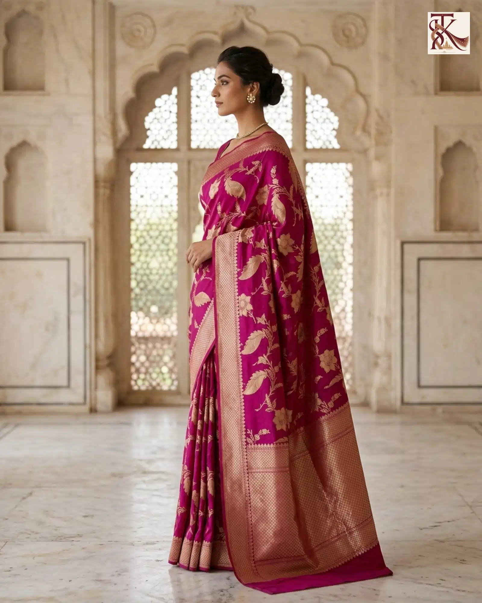 Deep Magenta Katan Silk Kadwa Jangla Jaal Banarasi Saree side profile view