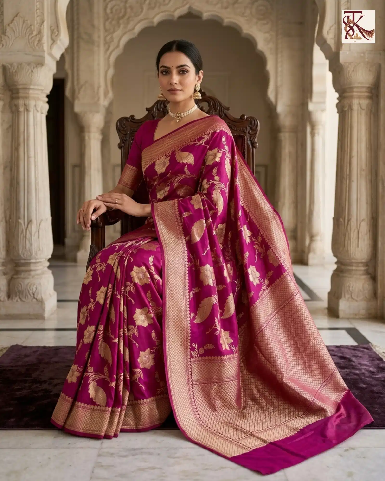 Deep Magenta Katan Silk Kadwa Jangla Jaal Banarasi Saree regal seated view