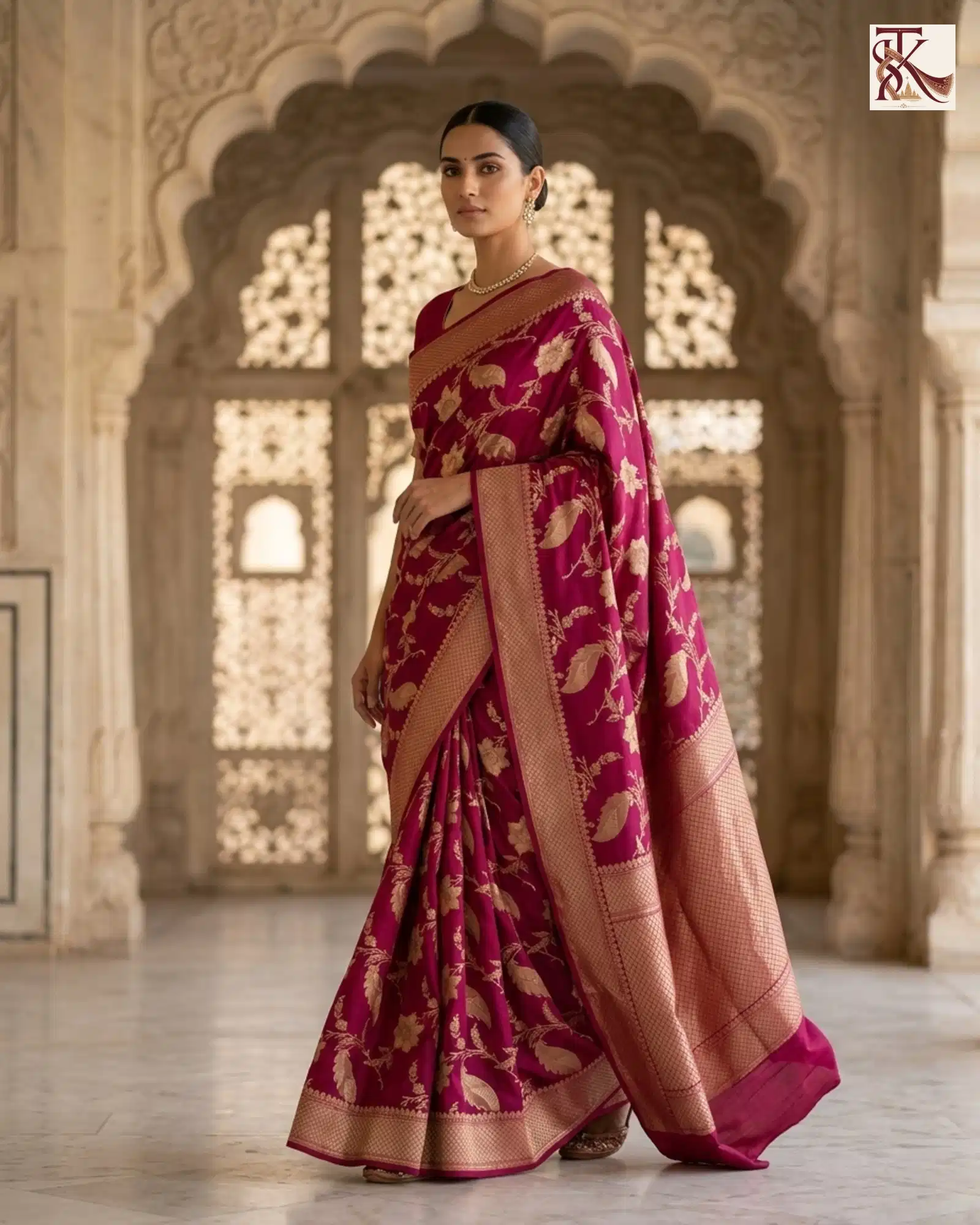 Deep Magenta Katan Silk Kadwa Jangla Jaal Banarasi Saree graceful side view
