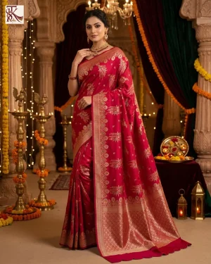 Deep Rani Pink Katan Silk Kadwa Meenakari Banarasi Saree with Gold Zari