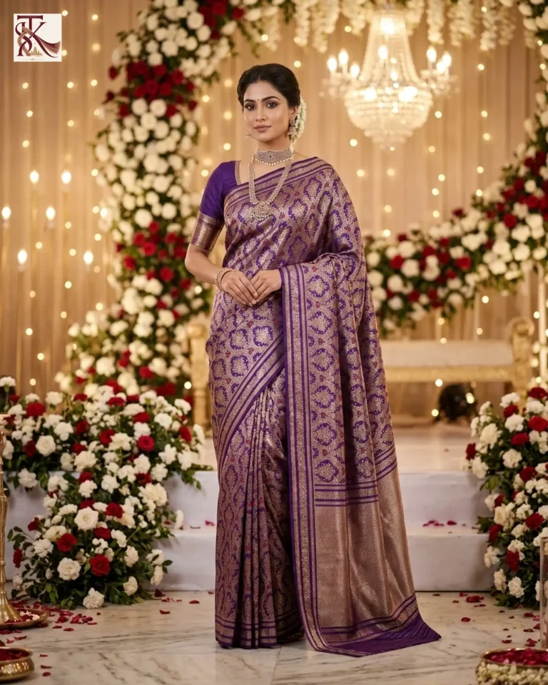 Deep Royal Purple Katan Silk Brocade Banarasi Saree with Gold Zari at a grand wedding reception