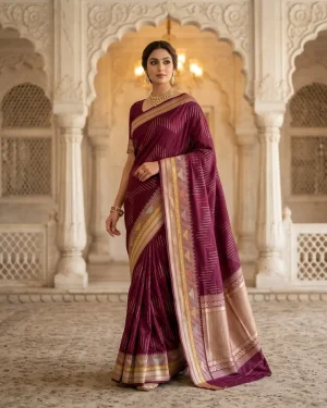 Deep Wine-Maroon Katan Silk Kadwa Banarasi Saree front standing view