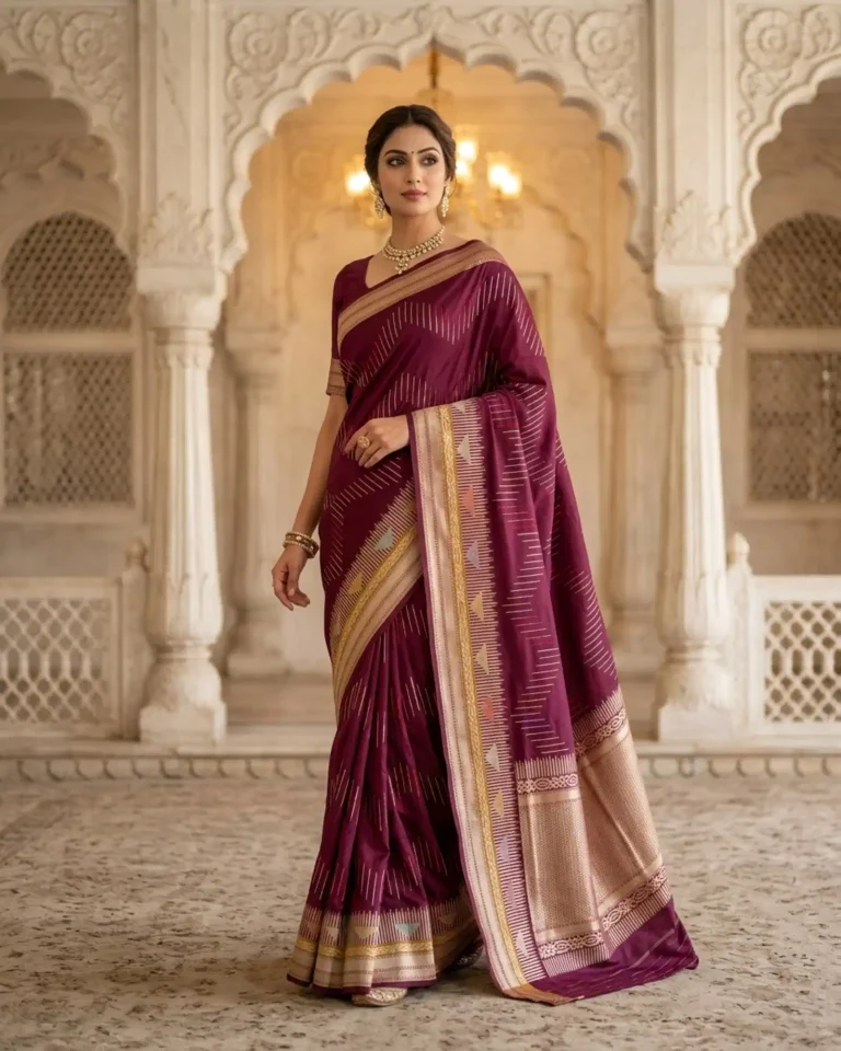 Deep Wine-Maroon Katan Silk Kadwa Banarasi Saree front standing view