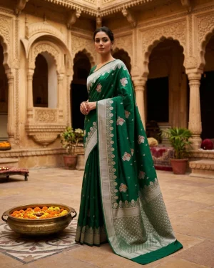 Emerald Green Katan Silk Kadwa Meenakari Banarasi Saree with Silver Zari