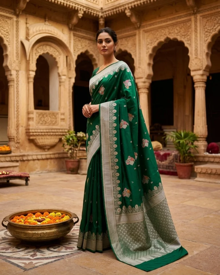 Emerald Green Katan Silk Kadwa Meenakari Banarasi Saree with Silver Zari