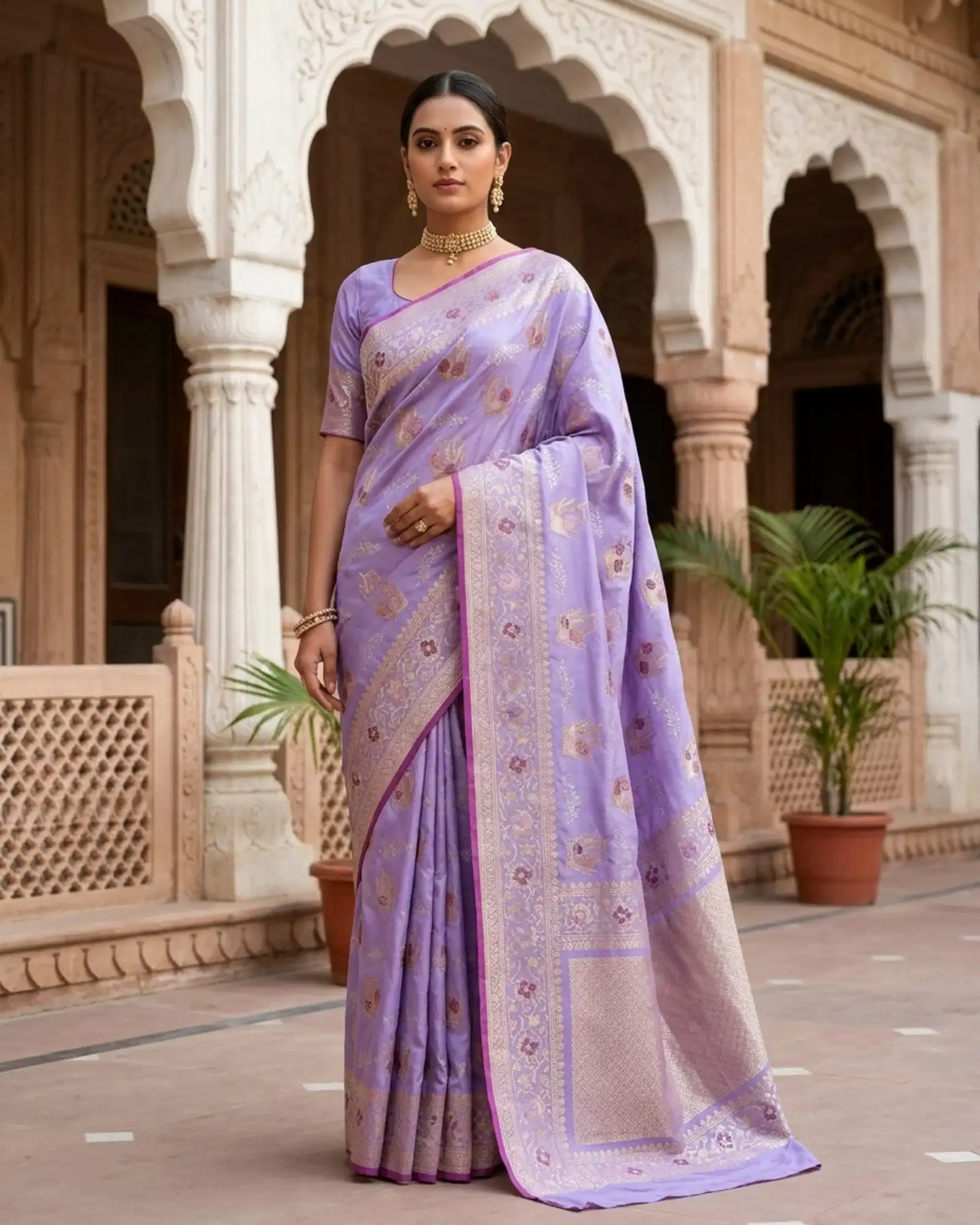 Lavender Katan Silk Kadwa Meenakari Banarasi Saree with Champagne Gold Zari