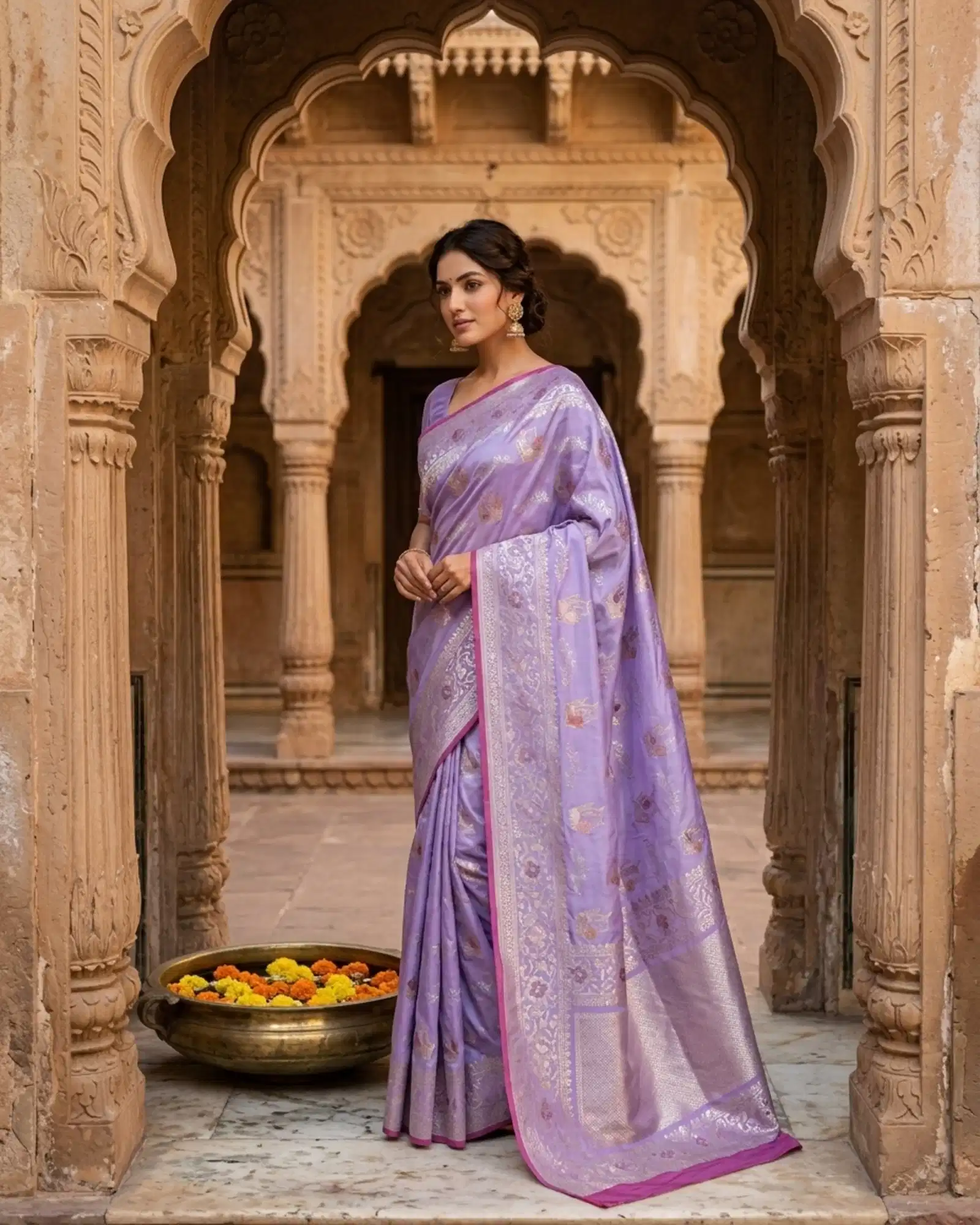 Full-length Lavender Katan Silk Kadwa Banarasi Saree in a heritage courtyard