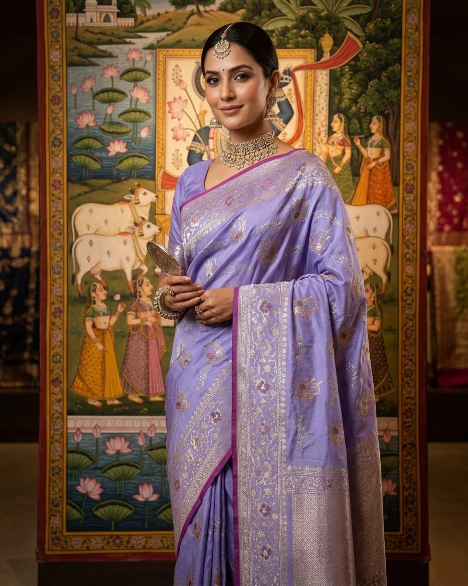 Lavender Kadwa Meenakari Banarasi Saree with Champagne Gold Zari border