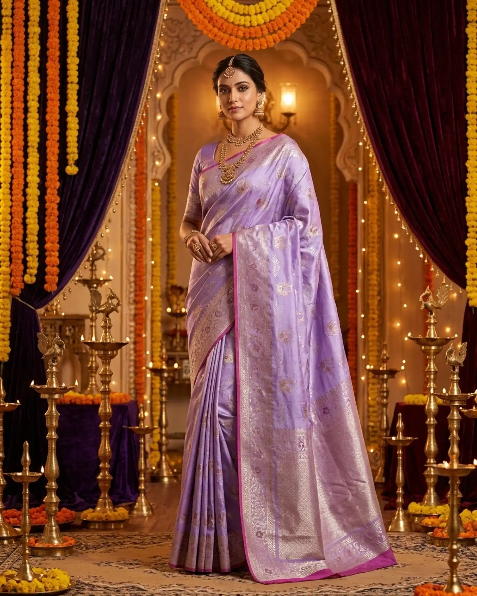 Lavender Katan Silk Banarasi Saree styled for a festive occasion