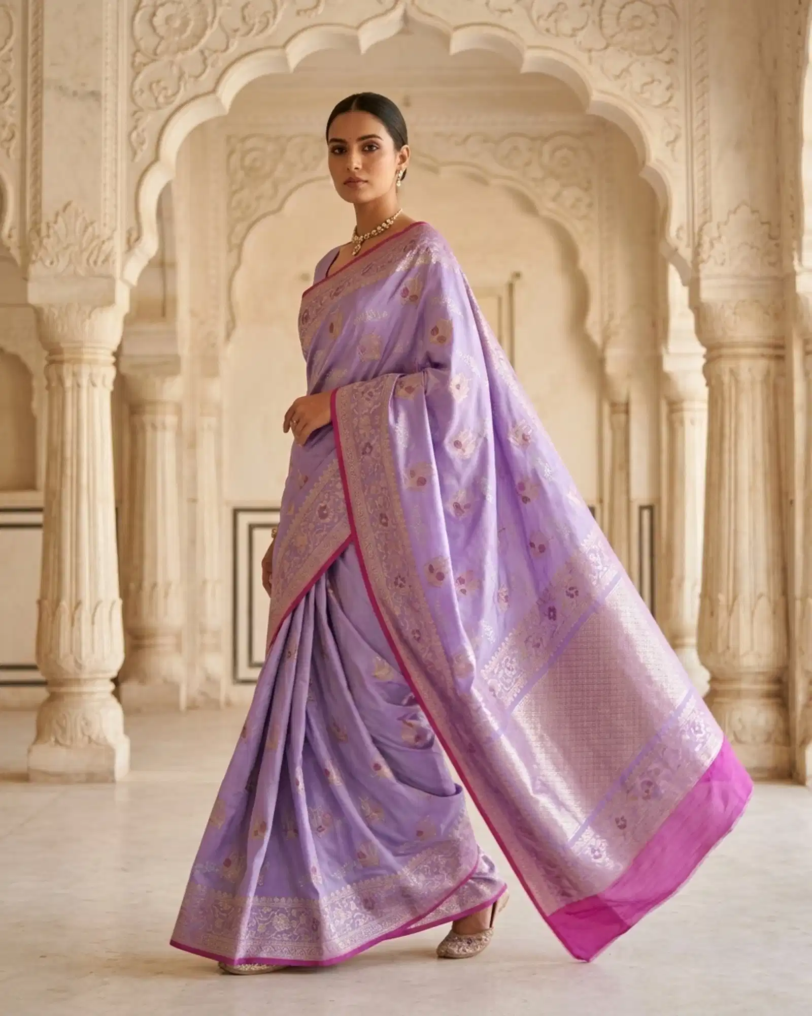 Full-length walking view of Lavender Kadwa Meenakari Banarasi Saree