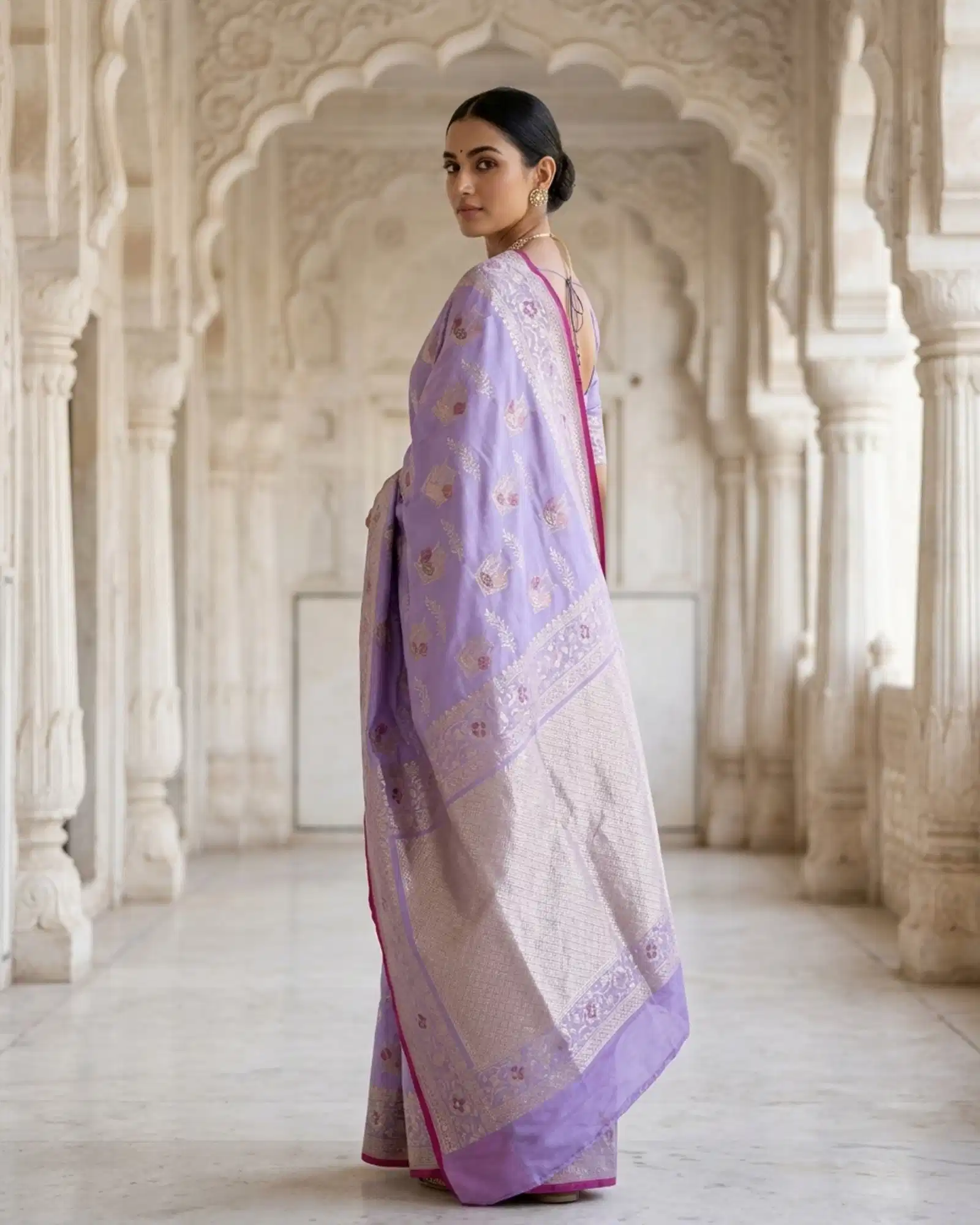 Lavender Banarasi Saree showing dense Gold Zari Chaukadi pallu