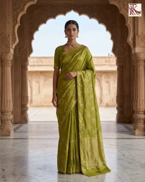 Mehendi Olive Green Katan Silk Kadwa Meenakari Banarasi Saree front standing view