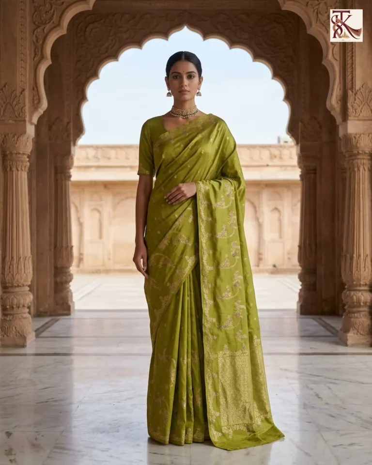 Mehendi Olive Green Katan Silk Kadwa Meenakari Banarasi Saree front standing view