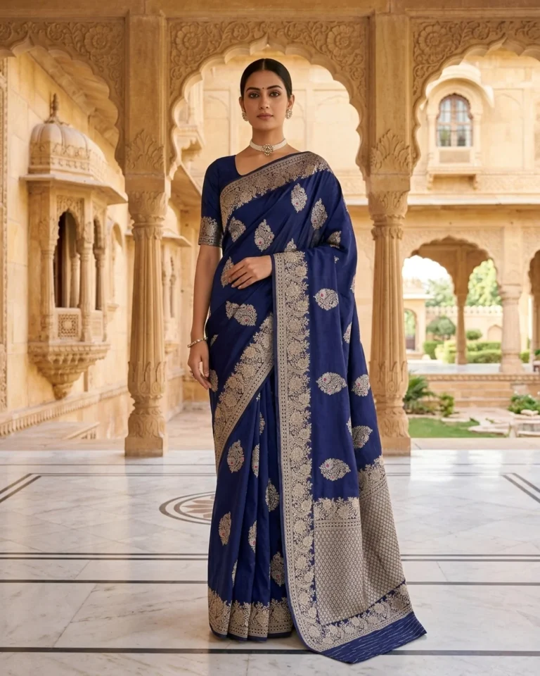 Midnight Navy Katan Silk Kadwa Meenakari Banarasi Saree with Rupa Zari