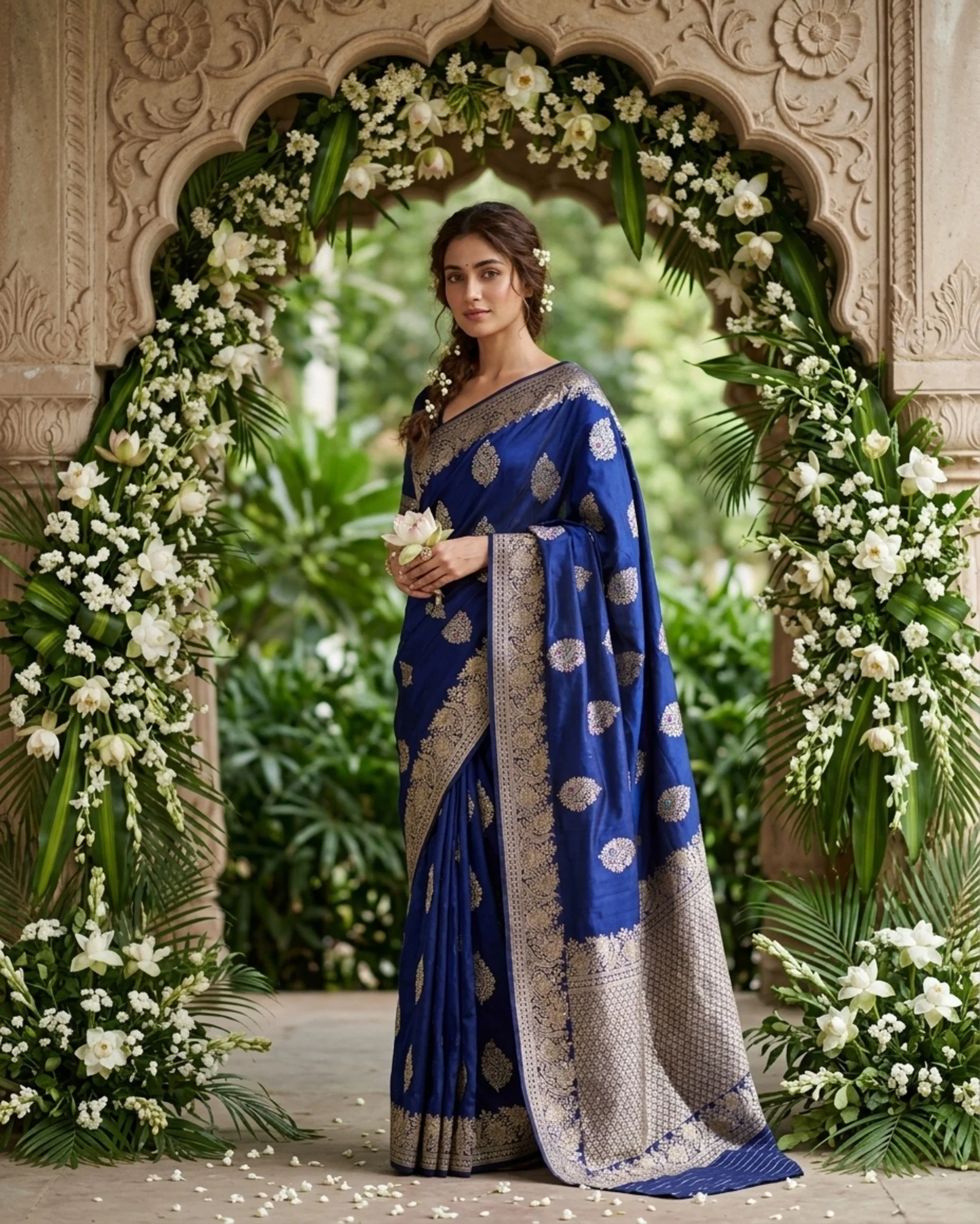 Midnight Navy Katan Silk Kadwa Meenakari Banarasi Saree floral arch portrait