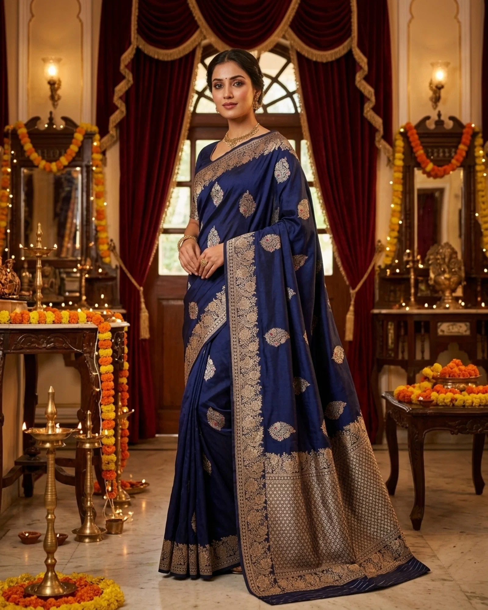Midnight Navy Katan Silk Kadwa Meenakari Banarasi Saree festive drape
