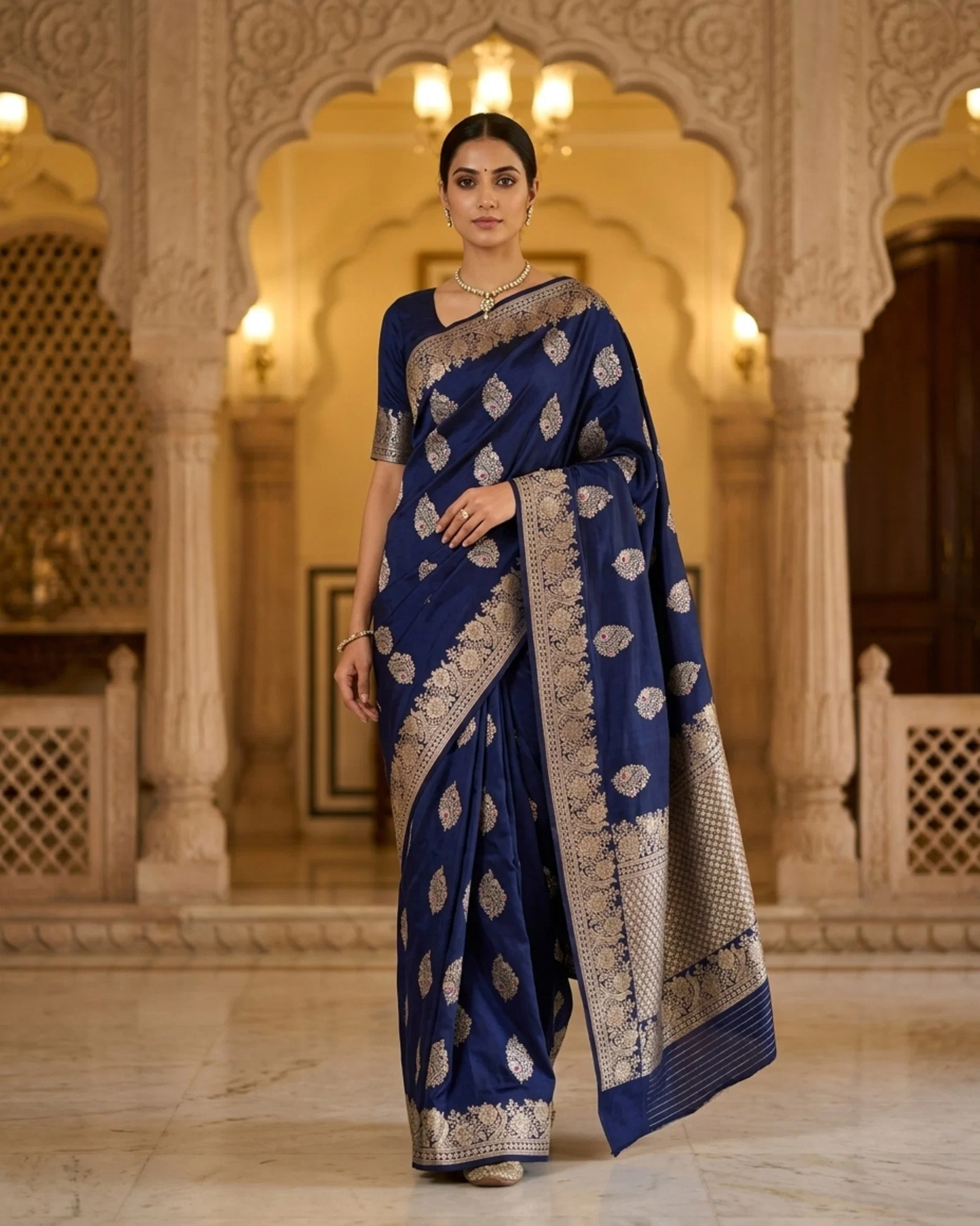 Midnight Navy Katan Silk Kadwa Meenakari Banarasi Saree graceful walking drape