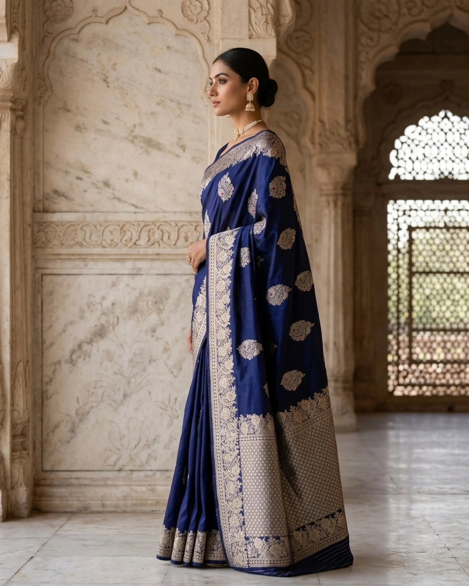 Midnight Navy Katan Silk Kadwa Meenakari Banarasi Saree side profile and pallu