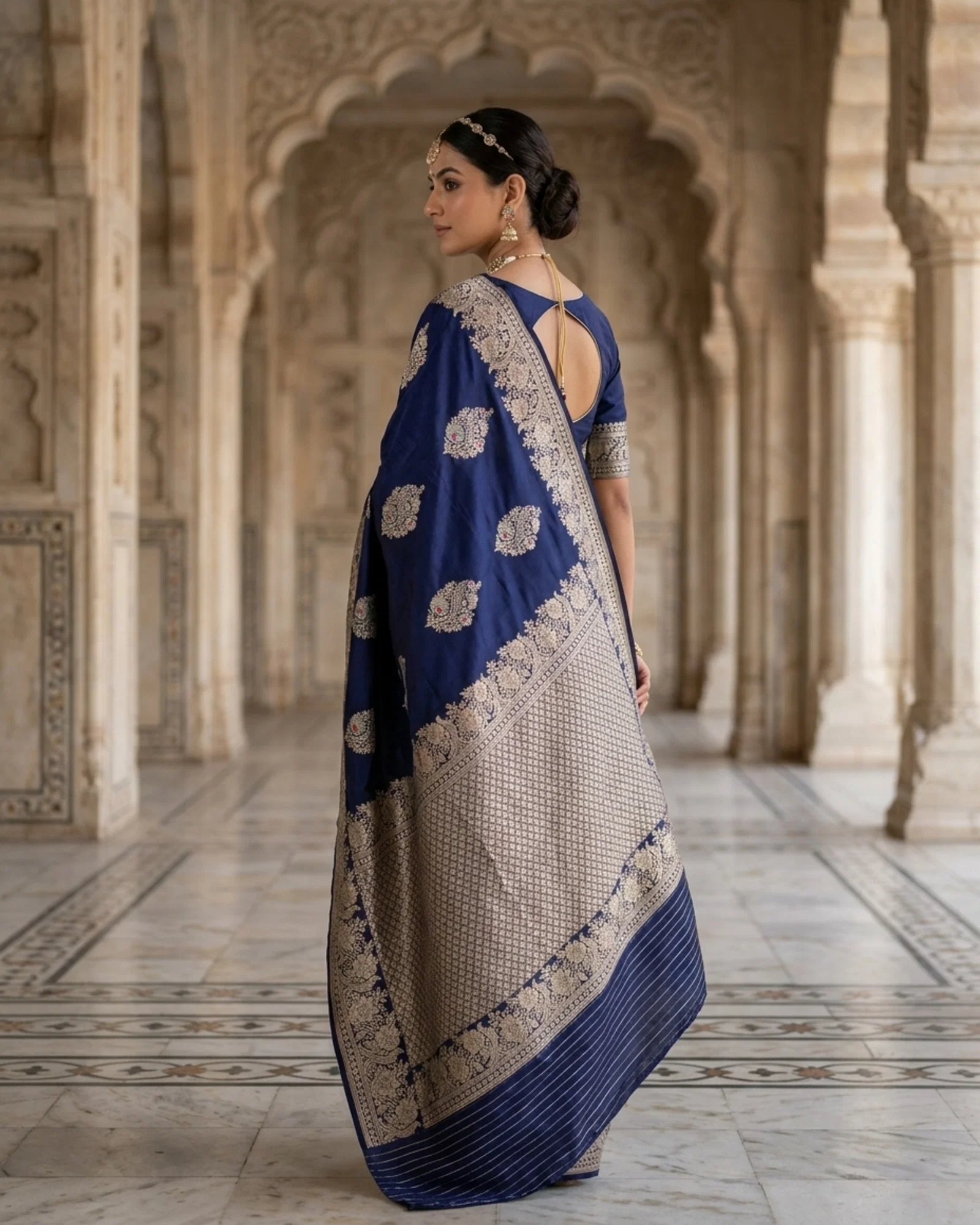 Midnight Navy Katan Silk Kadwa Meenakari Banarasi Saree rear pallu showcase