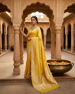 Mustard Yellow Katan Silk Sona Rupa Kadwa Banarasi Saree with Gold Zari