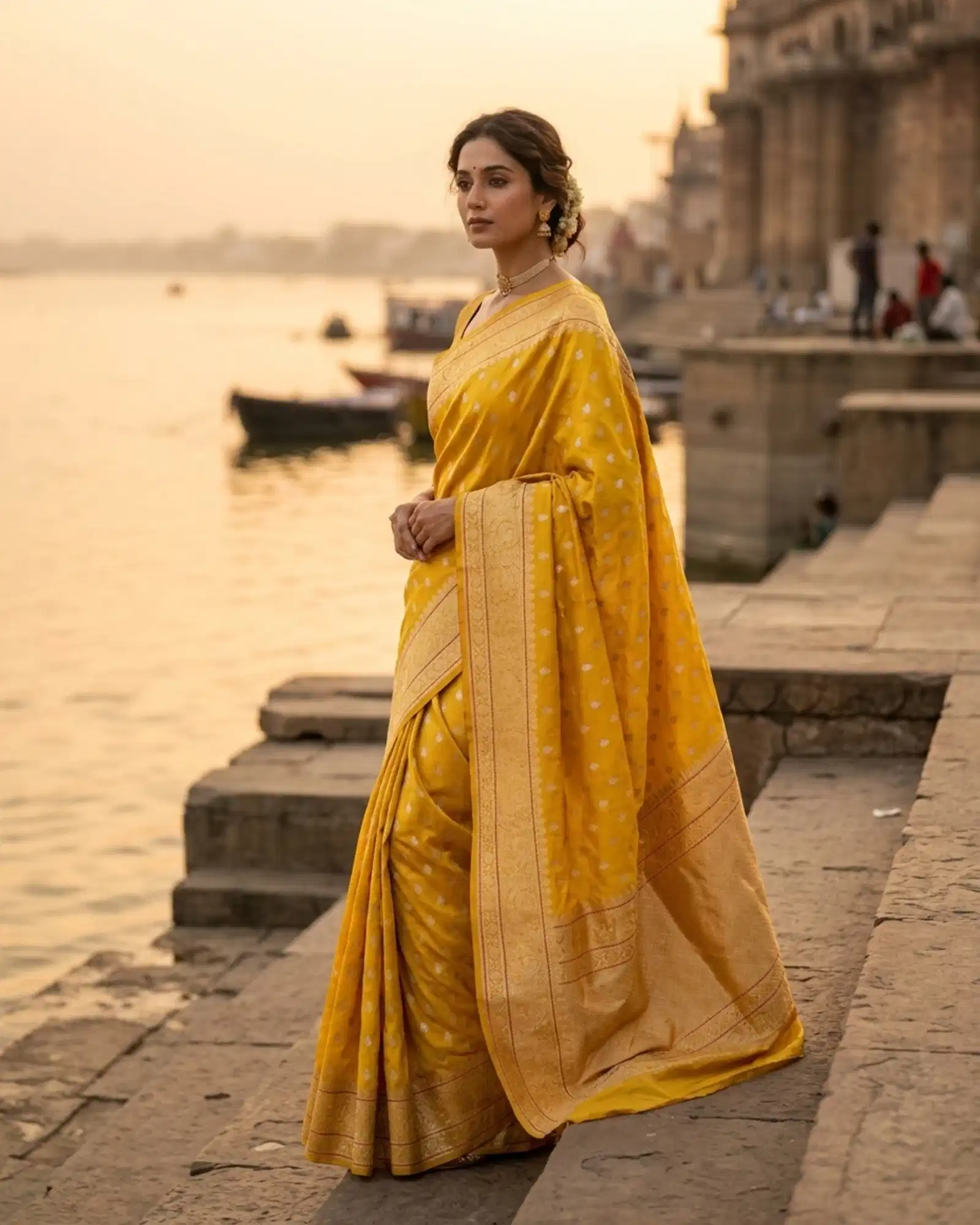 Mustard Yellow Katan Silk Sona Rupa Banarasi Saree at a Banarasi ghat