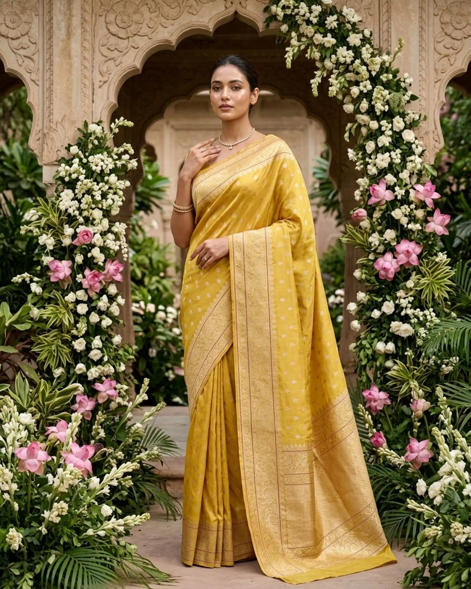 Mustard Yellow Kadwa Banarasi Saree with Gold Zari border in floral setting