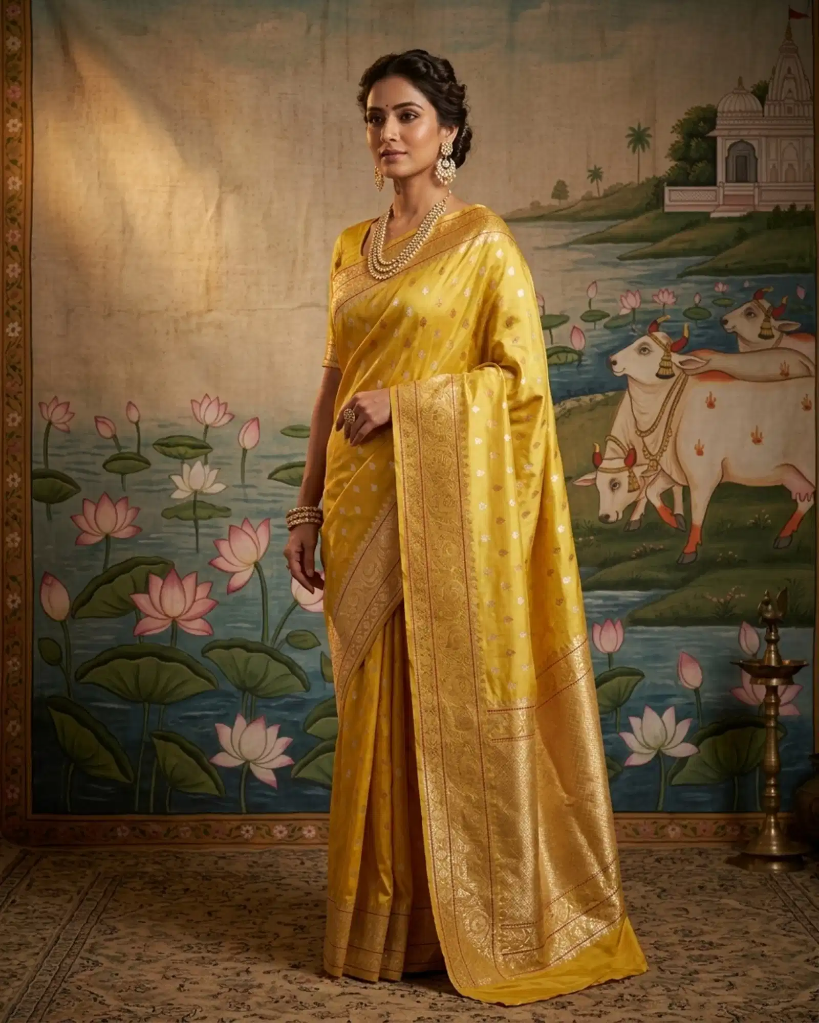 Mustard Yellow Sona Rupa Kadwa Banarasi Saree with traditional Pichwai backdrop