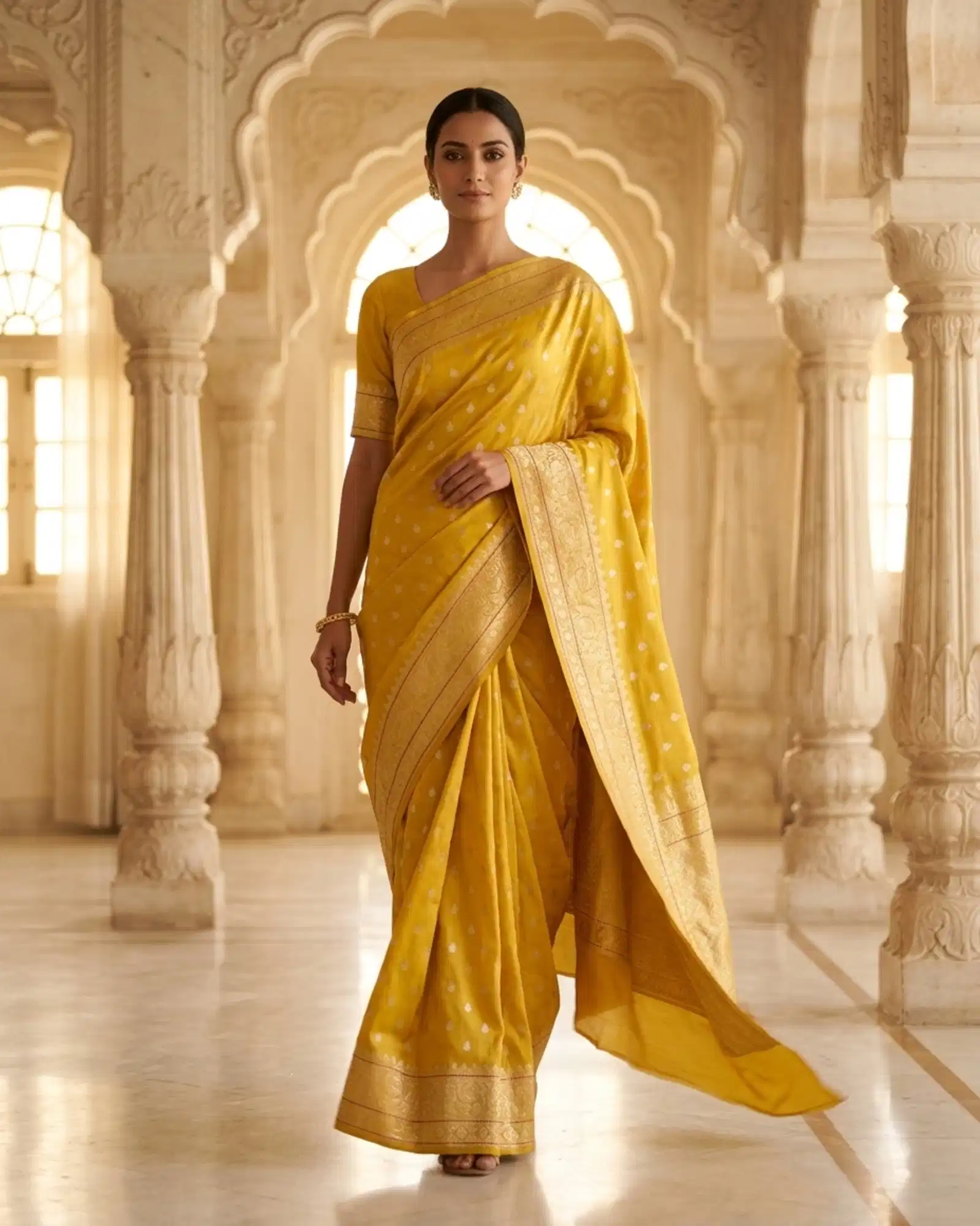 Full-length walking view of Mustard Yellow Katan Silk Kadwa Banarasi Saree
