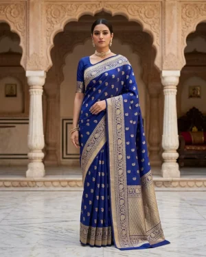 Royal Blue Katan Silk Kadwa Meenakari Banarasi Saree front standing view