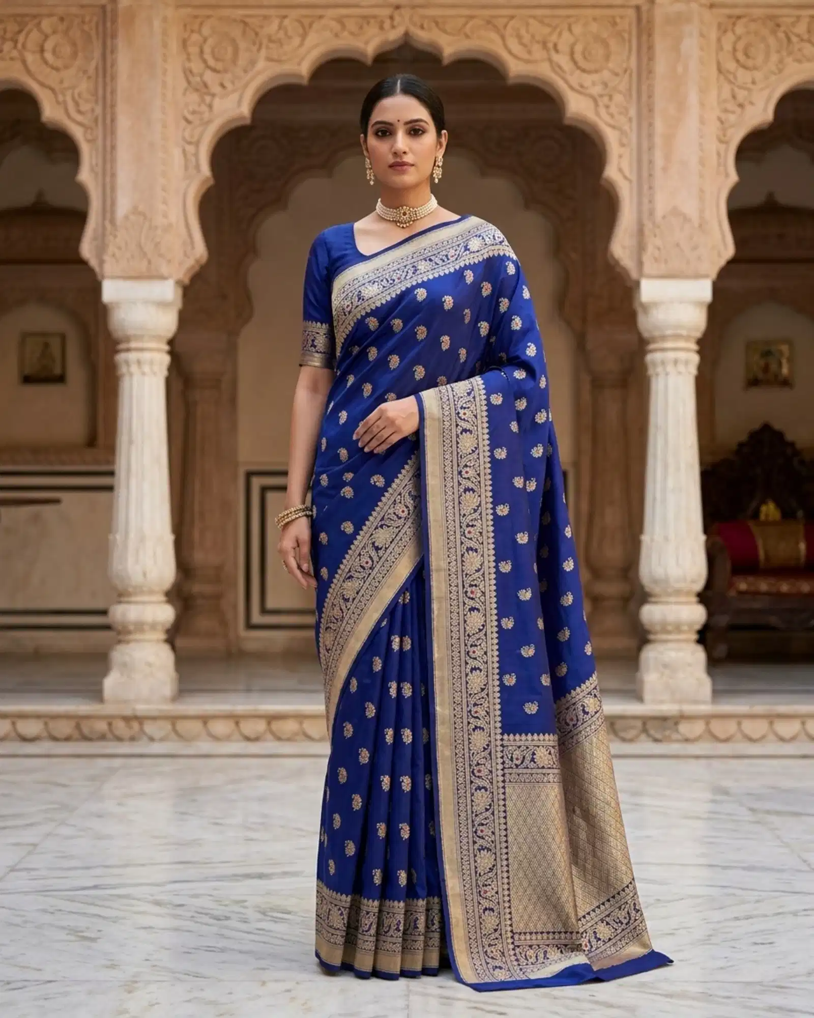 Royal Blue Katan Silk Kadwa Meenakari Banarasi Saree front standing view