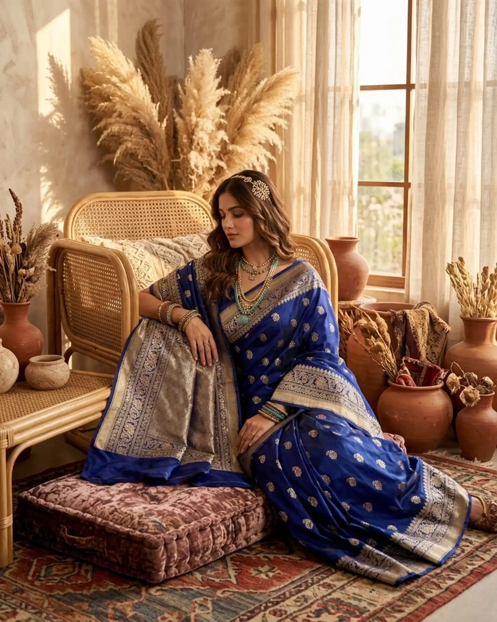 Royal Blue Katan Silk Kadwa Meenakari Banarasi Saree styled in a bohemian lounge