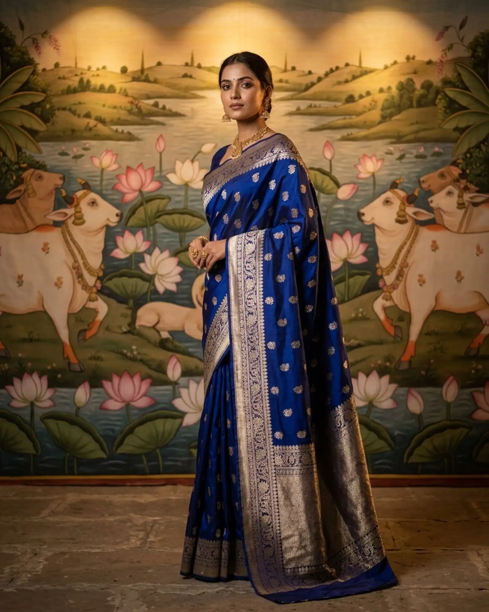 Royal Blue Katan Silk Kadwa Meenakari Banarasi Saree Pichwai heritage portrait