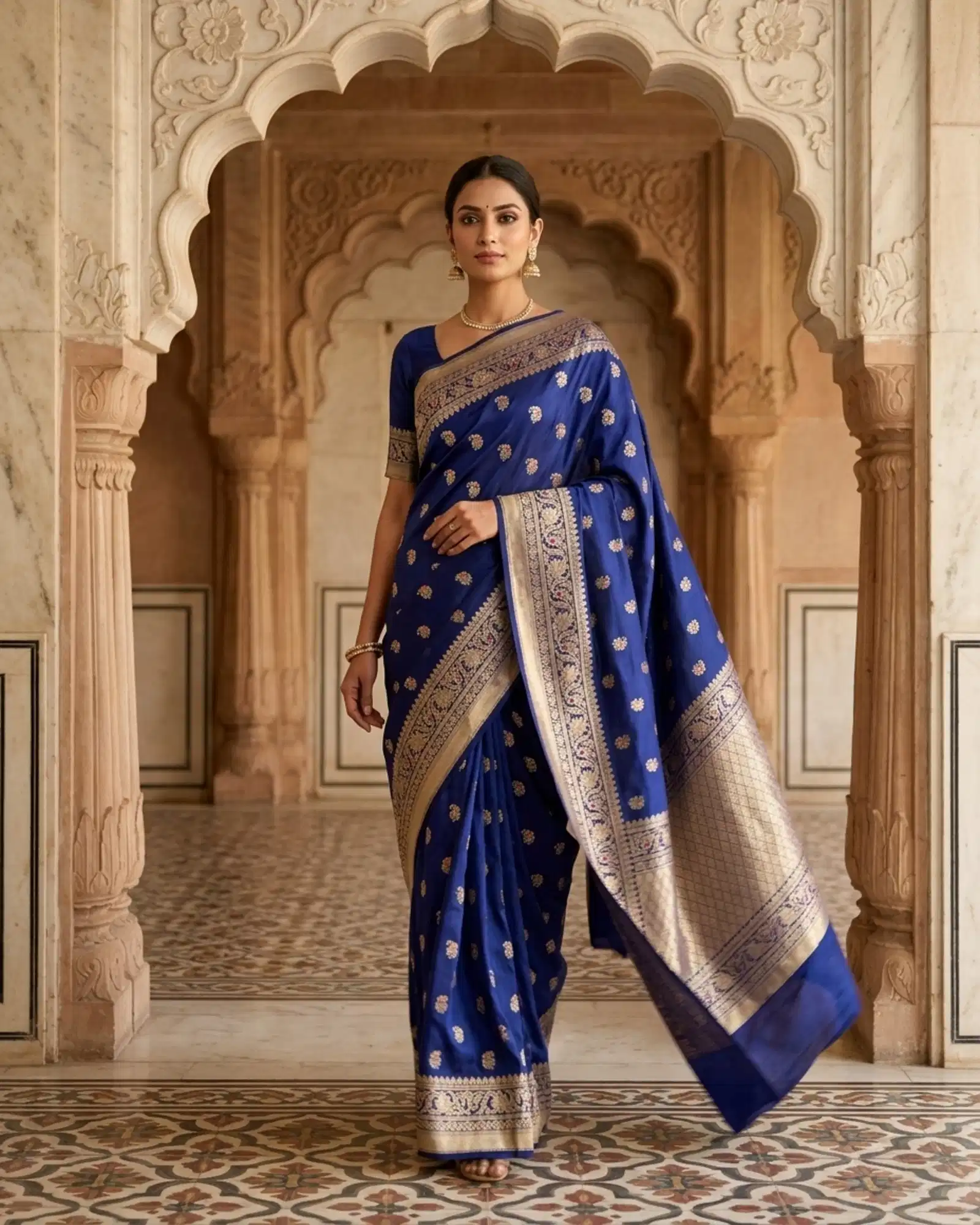 Royal Blue Katan Silk Kadwa Meenakari Banarasi Saree graceful walking drape