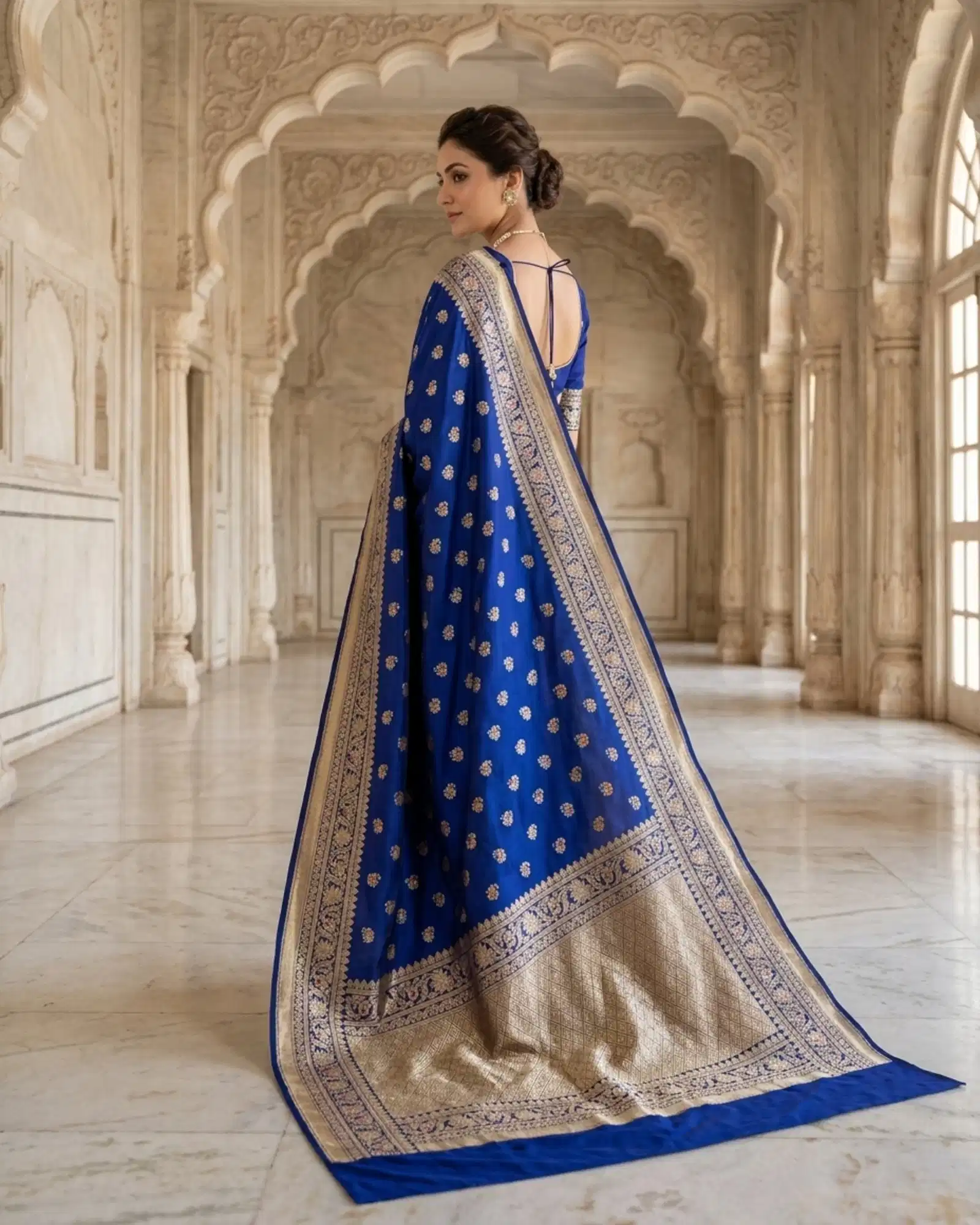 Royal Blue Katan Silk Kadwa Meenakari Banarasi Saree rear pallu showcase