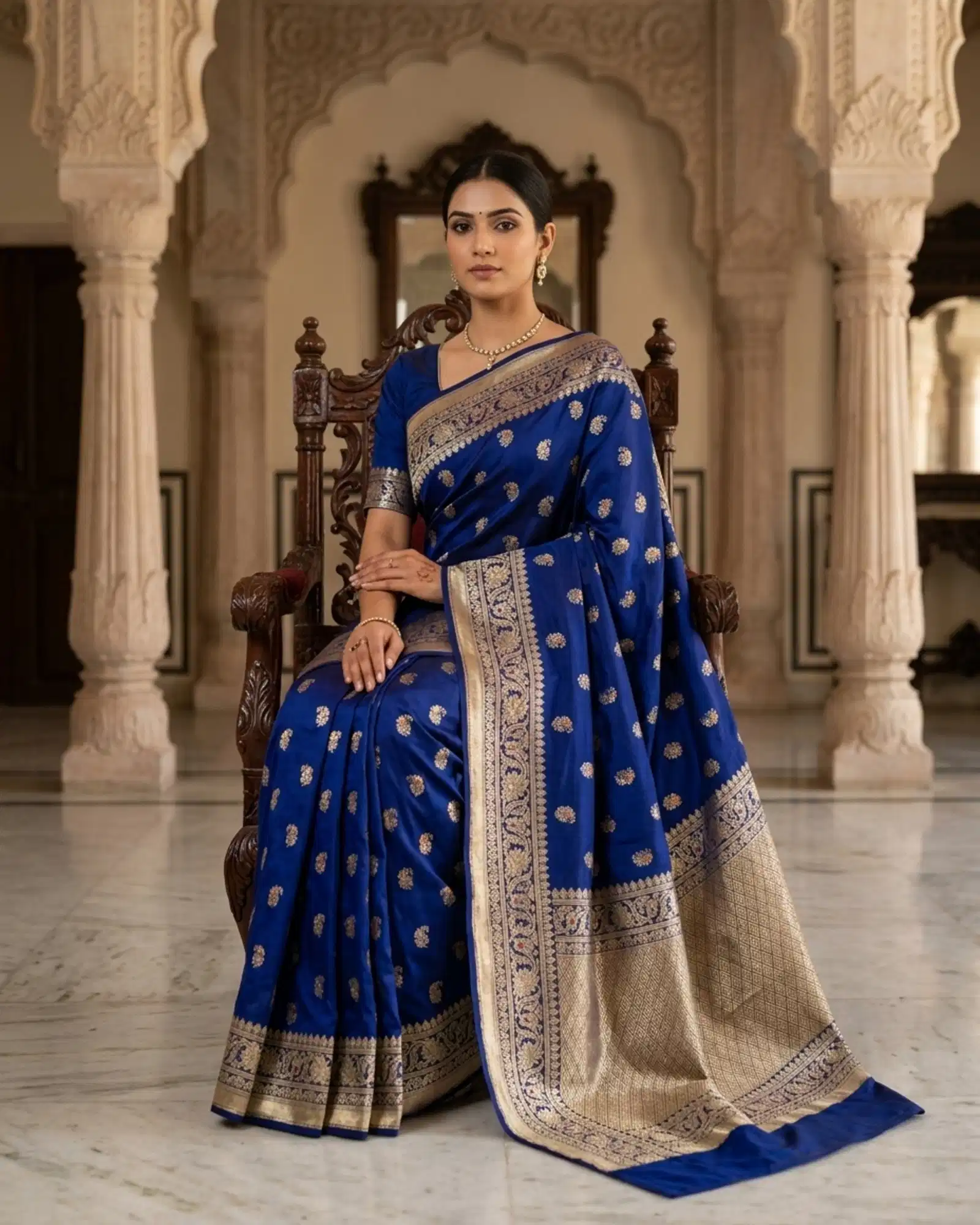 Royal Blue Katan Silk Kadwa Meenakari Banarasi Saree regal seated view