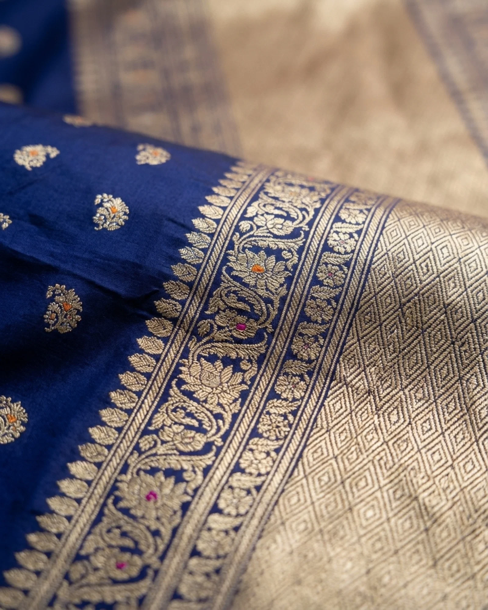 Original Royal Blue Katan Silk Kadwa Banarasi Saree border and pallu close-up