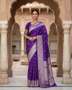 Royal Purple Katan Silk Kadwa Meenakari Banarasi Saree front standing view