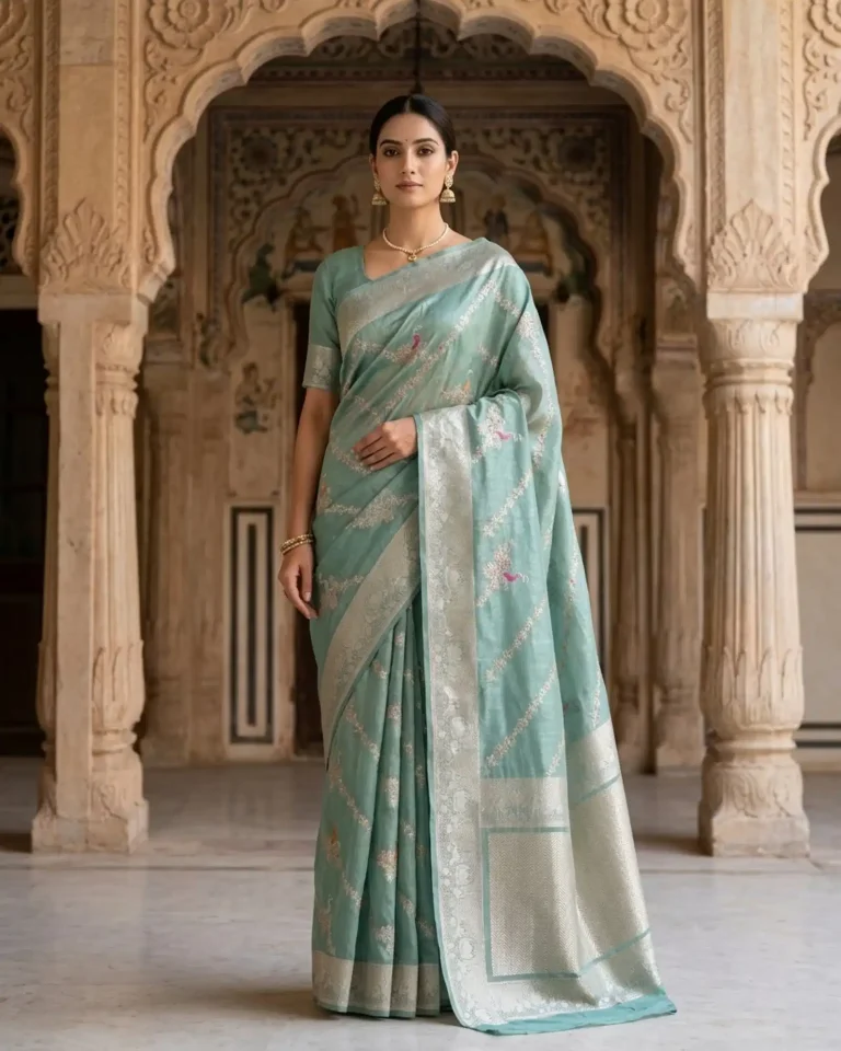 Seafoam Green Tissue Silk Kadwa Meenakari Banarasi Saree front standing view
